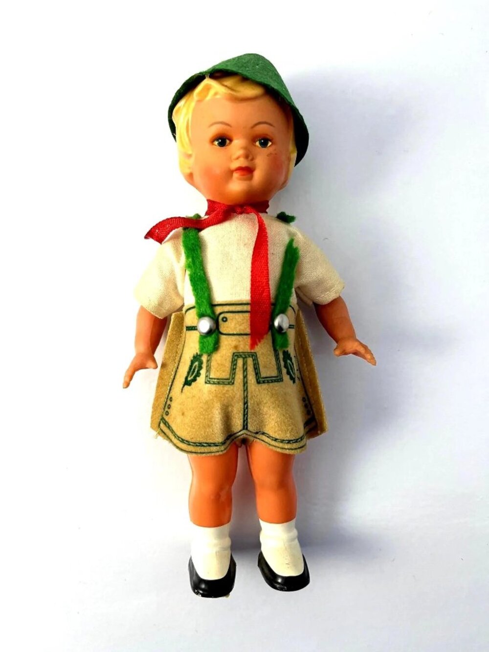 West Germany CULLULOID DOLL, German Swiss Male, National Costume, Molded Hair